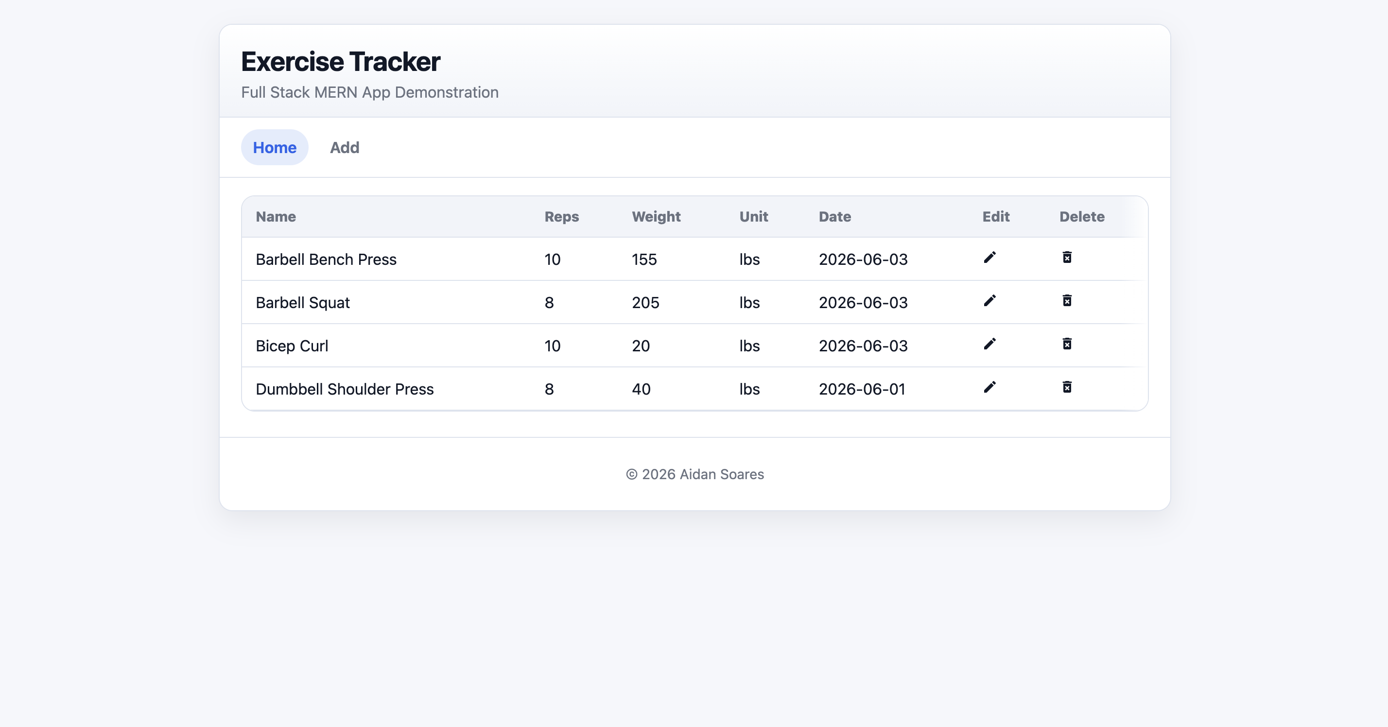 Exercise Tracker interface showing a workout log with exercise name, sets, reps, and weight fields