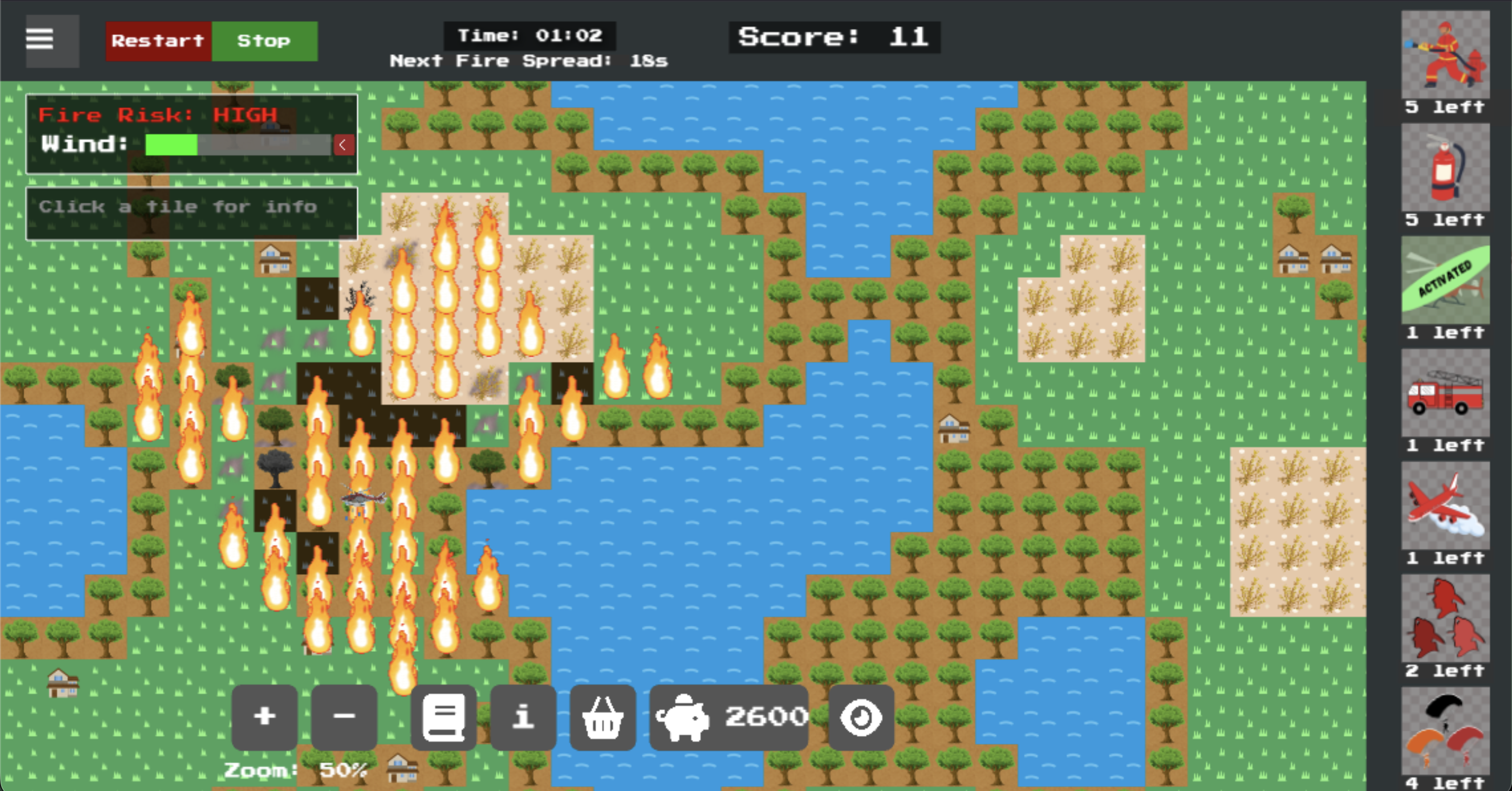 Wildfire Command gameplay showing a top-down terrain map with active fire spread and resource deployment controls